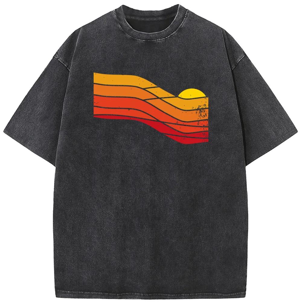 Retro Sunset Washed T-Shirt Summer Loose Bleached Tshirt Cotton O-Neck Short Sleeve Bleach Tops Tee