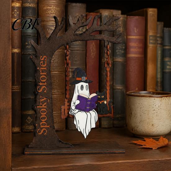 Office Desk Decoration Items Halloween Desktop Swing Decor, Spooky Home Reading Ghost on A Figurine Unique Wooden Craft Gifts for Living Room Kitchen