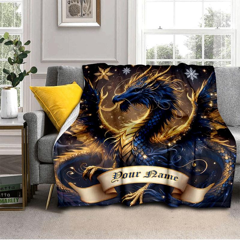 1PC Custom Name Ethereal Dragon Fantasy flannel blanket versatile, all-season throw suitable for the living room, bedroom, camping, travel, and gift