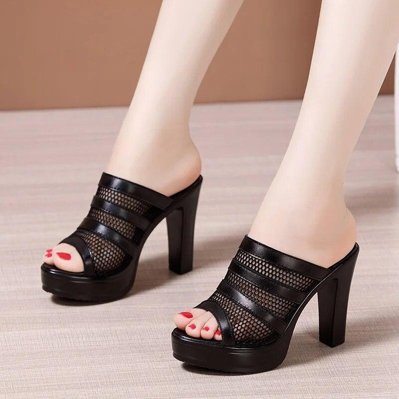 Plus Size Block Heel Platform Shoes Women Slippers Summer Open Head High Heels Slides Ladies Cutout Slippers