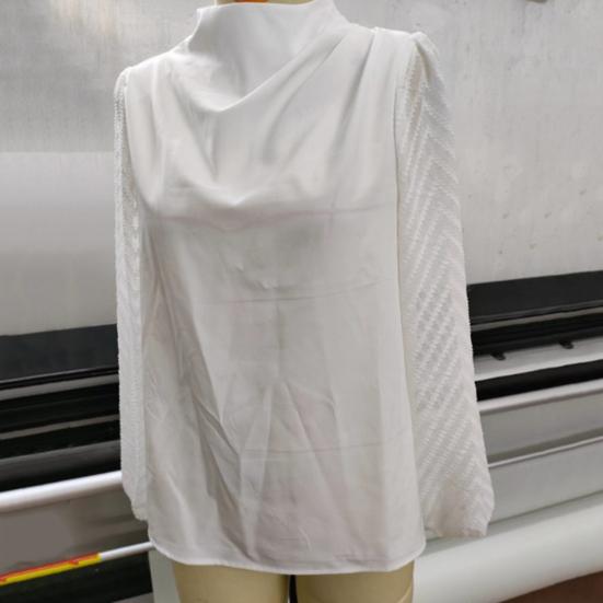 Women Casual Shirt Half High Collar Wave Pattern Chiffon Long Sleeve Pullover Tops Solid Color Loose Fit Blouse Office Elegant Clothing