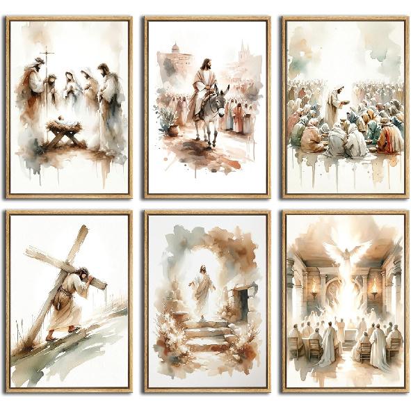 6Pcs Jesus Canvas Wall Art Watercolor Jesus Bible Posters Prints Christian Wall Decor Pictures Paintings for Living Room Bedroom Church Home Decor