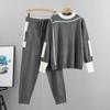 Autumn Runway 2 Pieces Set Knitted Long Sleeve Pullovers Sweater Casual Patchwork Fashio Jumper Tops and Pants Suits Spring
