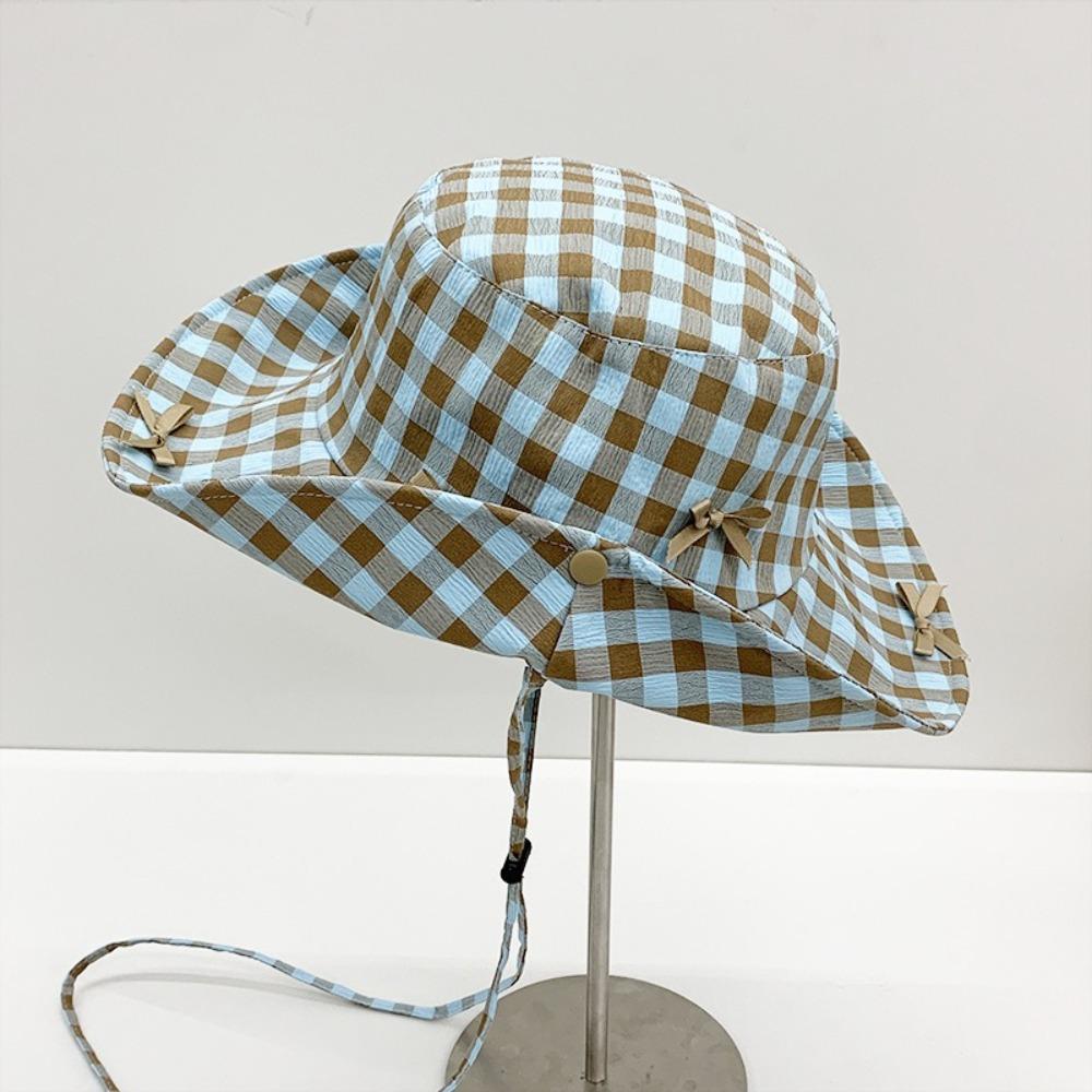 Versatile Hiking Fisherman Hat Sun Protection Bow Bucket Hat Cute Plaid Hiking Cap Outdoor