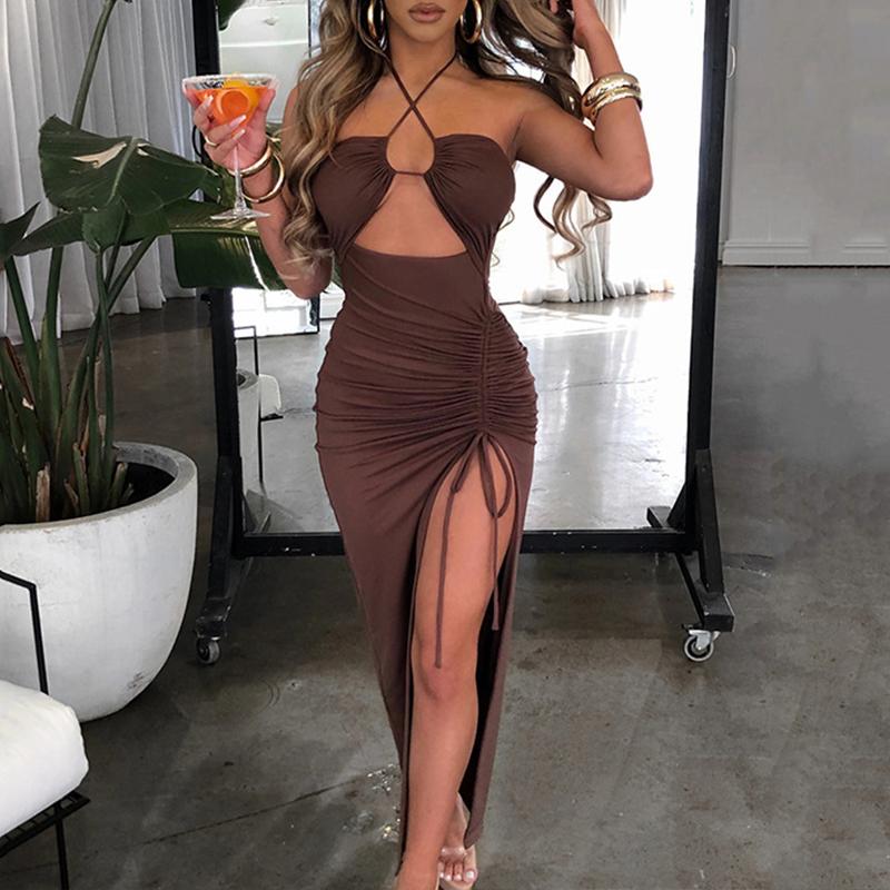Summer Sexy Dress For Women Sleeveless Backless Hollow Out Party Dress Fashion Lace-up Halter Bodycon Elegant Split Dress