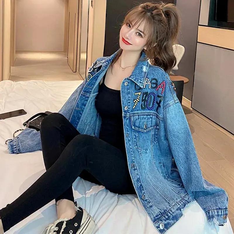 Женская джинсовая куртка с принтом в виде медведя, украшенная бисером, пальто, женская повседневная джинсовая куртка с открытыми дырками, верхняя одежда