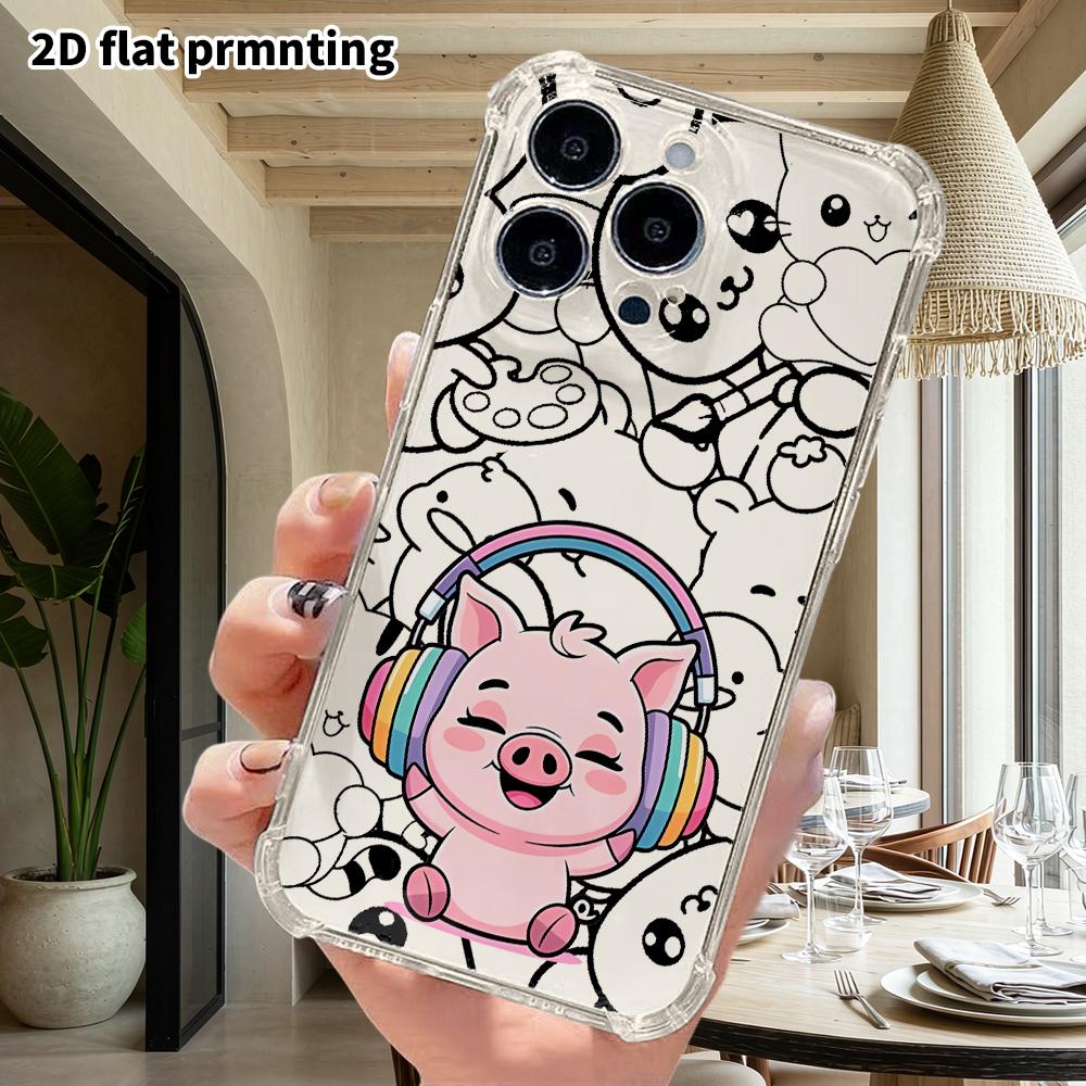 Phone case: 2D flat, suitable for iPhone 18 17 16 15 14 13 Pro protective case, little pig earphones, perfect Christmas and Halloween holiday gift