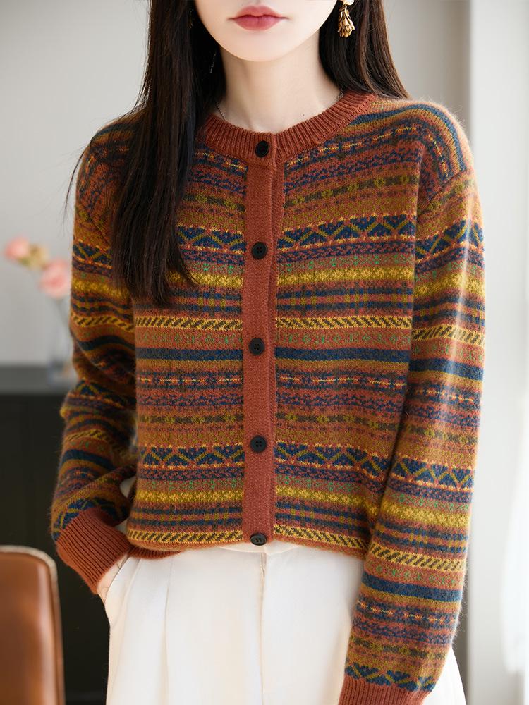 Женский французский ретро кардиган с жаккардовым узором Fair Isle - Осенне-зимний свитер с круглым вырезом