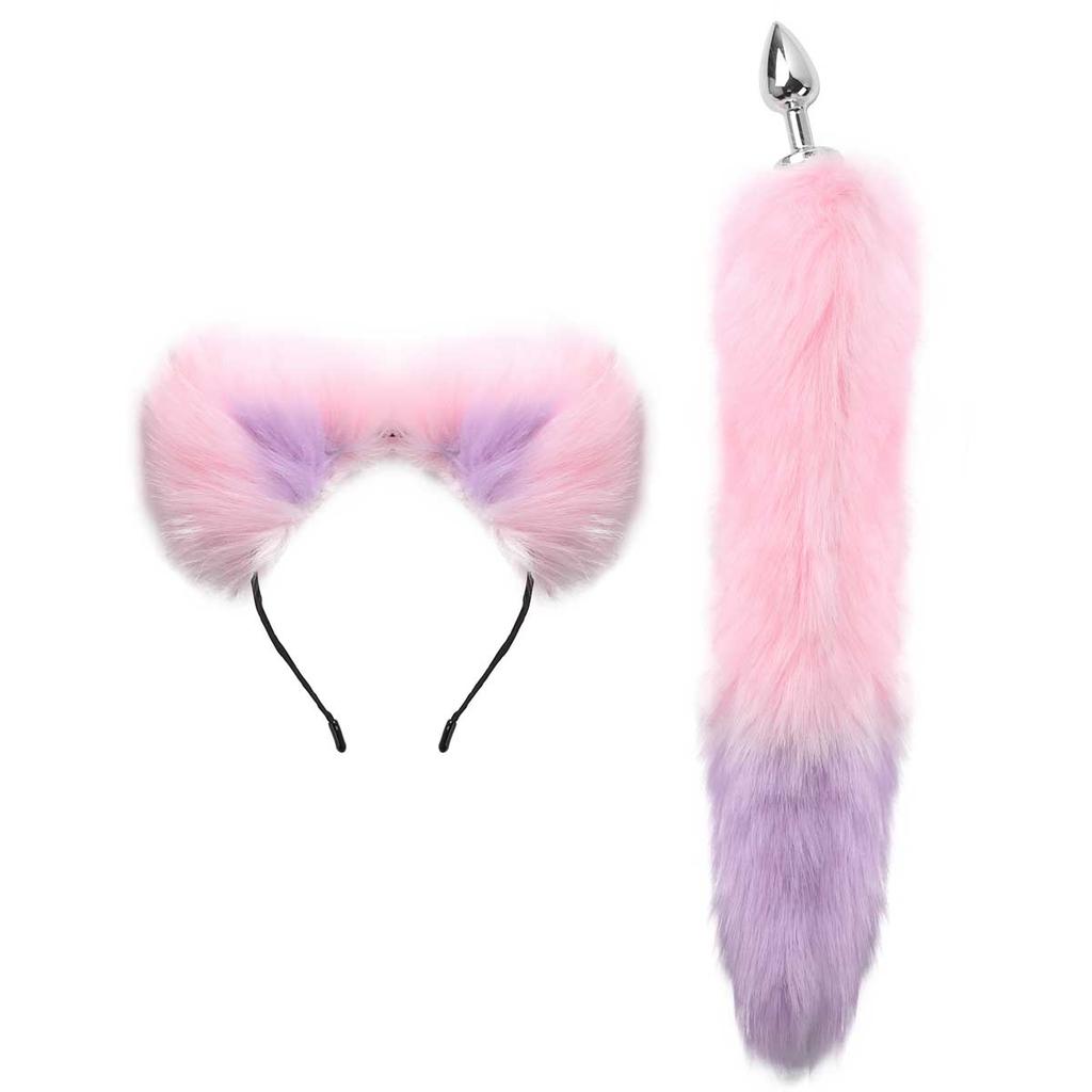 Женский эротический косплей, секс-костюм, комплект, хвост, металлический анальный анальная пробка, игрушки с искусственным мехом, уши животных, повязка на голову, секс-игра для взрослых