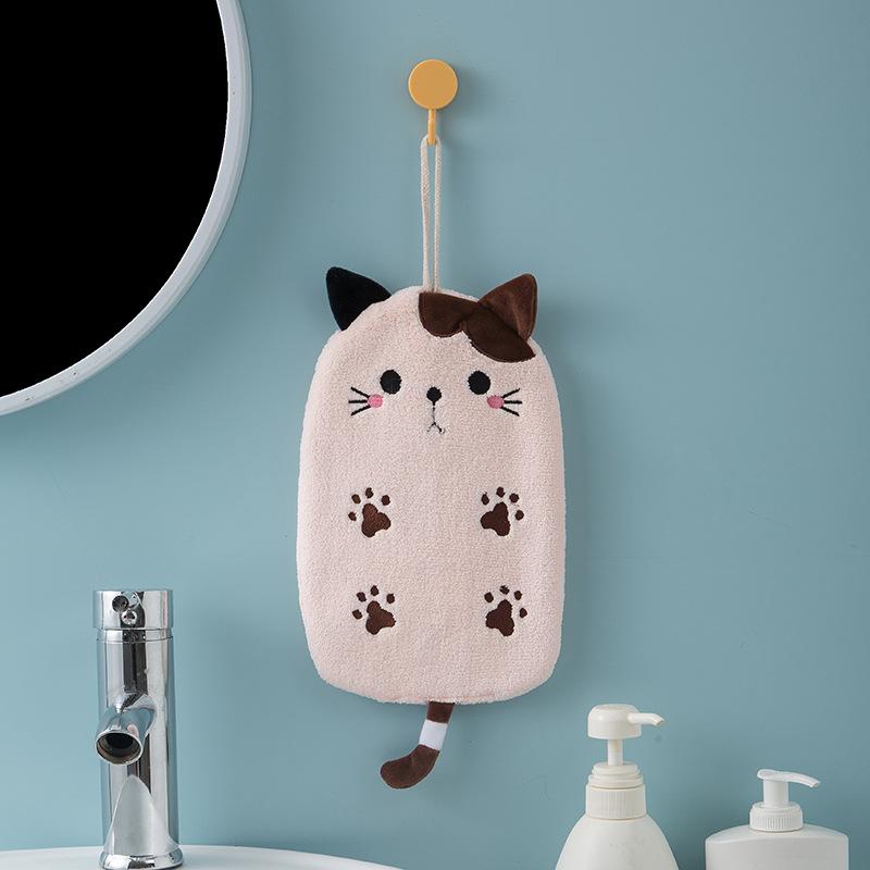Strong Absorbent Hanging Cat Embroidery Towel Home Decor Dual-use Coral Velvet Hand Towel Bathroom Supplies Towel