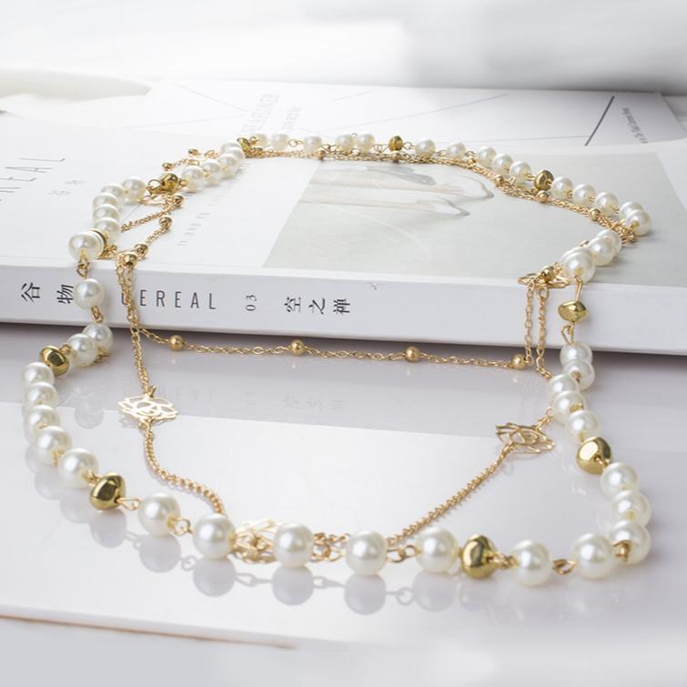 Multilayer Pearl Rose Necklace Girls Simple Fashion Alloy Sweater Chain Women Temperament Golden Long Necklace Elegant Jewelry