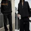 2 Pcs/Set Women Top Pants Set Half Zipper High Collar Long Sleeve Thickened Sweatshirt Stretchy Waist Ankle-banded Trousers Sport Fitness Tracksuit