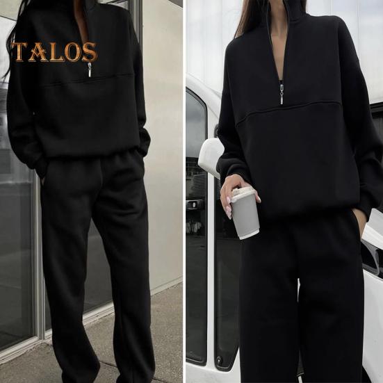 2 Pcs/Set Women Top Pants Set Half Zipper High Collar Long Sleeve Thickened Sweatshirt Stretchy Waist Ankle-banded Trousers Sport Fitness Tracksuit