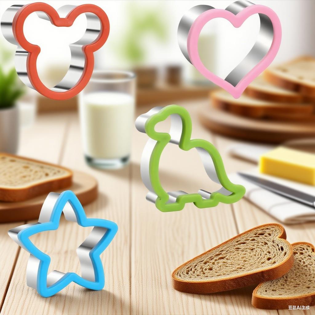 4PCS Sandwich Cutter Set Stainless Steel Non-Slip Dinosaur Bear Heart Star Molds for Bread Cookie Kids Holiday Party Home Baking