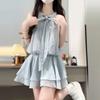 Korean Blue Tie-fitting Neck Dress for Women Summer New College Style Waist-hugging and Slimming A-line Short Skirt