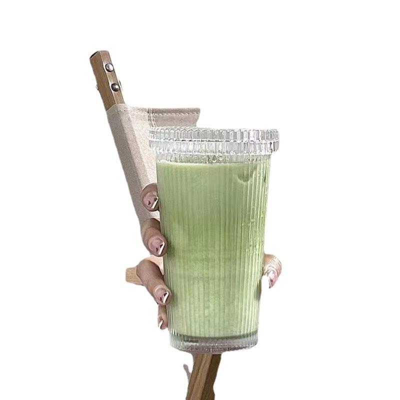 Кружки для кофе Молочная чашка Стеклянная кружка в полоску со straw Питьевая кружка Стакан для сока Стеклянный материал для любого случая