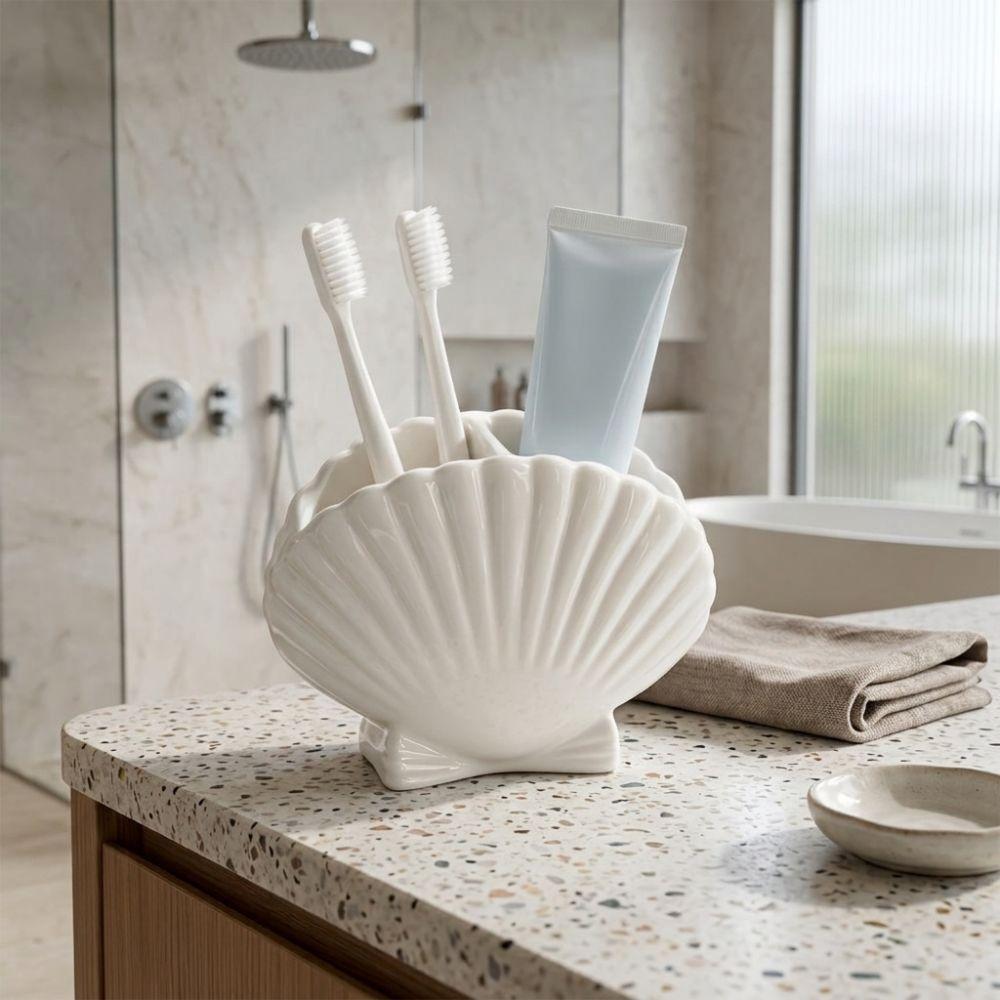 Aesthetic Shell Toothbrush Holder 3D Seashell Desktop Storage Box Bathroom Accessory