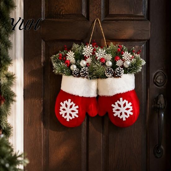 Pine Cone Berry Wreath Christmas Mitten/Stocking Wreath, Decorative Artificial with Berries Cones, Gift for Home Branches, Holiday Hanging Decoration