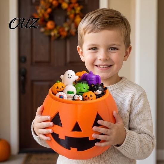 Holiday Gift for Children 30Pcs Halloween Mochi Squeeze Toys with Pumpkin Bucket Kids, Trick or Treat Bag Fillers, Desktop Decorations Soft