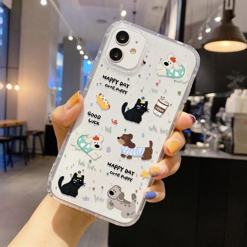 Милый Кавайный Кот Собака Наклейка Чехол для Телефона для iPhone 17 16 15 14 13 12 11 Pro Max Plus Корейский Стиль Ударопрочный Прозрачный Мягкий ТПУ Чехол
