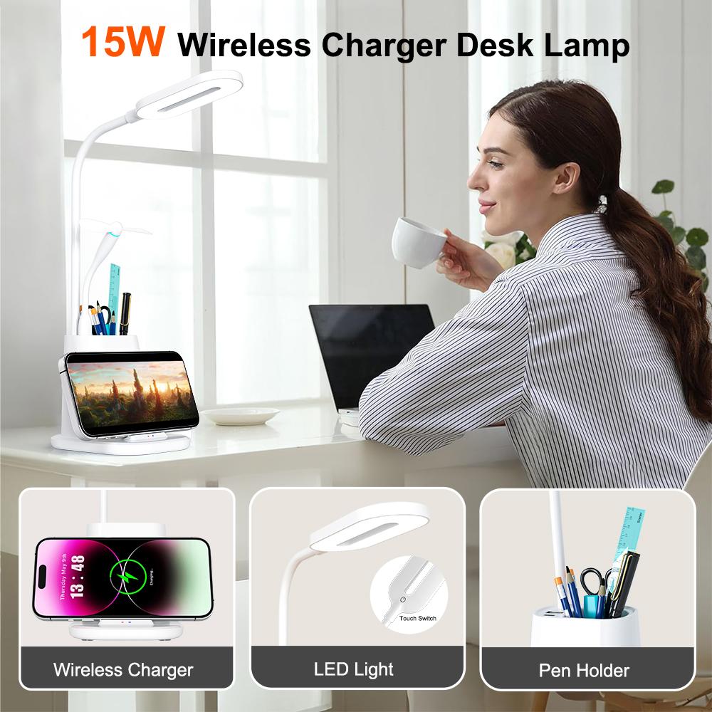 4-in-1 Multifunctional Wireless Charger Desk Lamp with Pen Holder 15W Quick Phone Charger for Office Daily Life