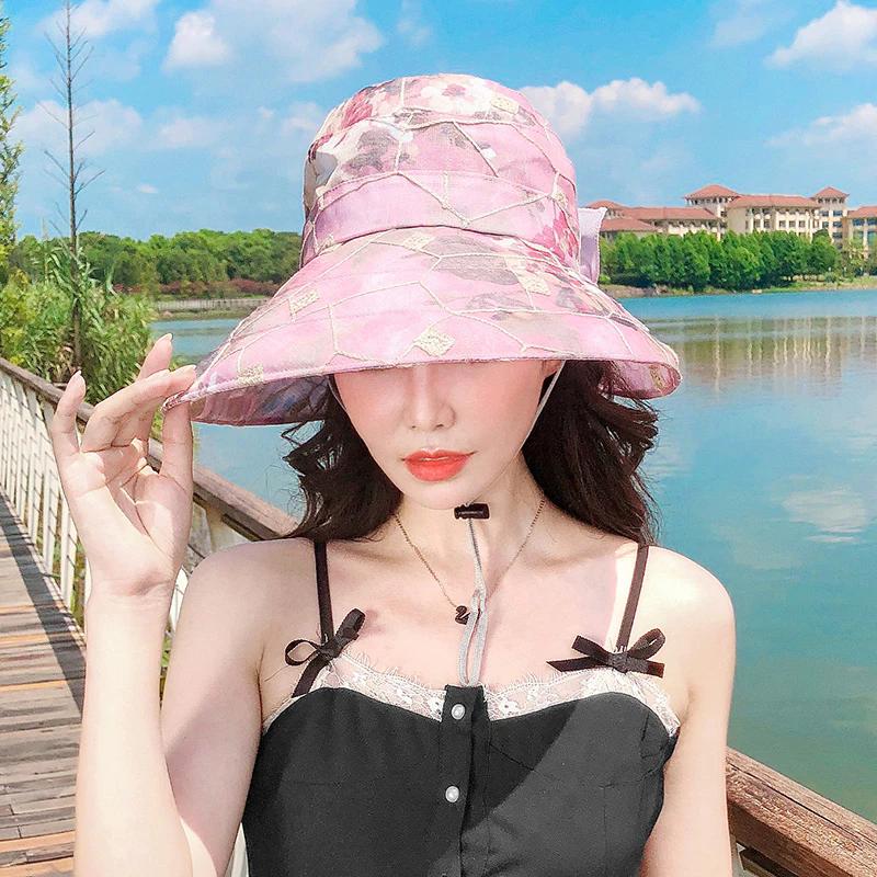 WTEMPO Женские повседневные универсальные шляпы с цветочным принтом, летние элегантные шляпы в стиле ретро с широкими полями для путешествий на открытом воздухе с большим бантом