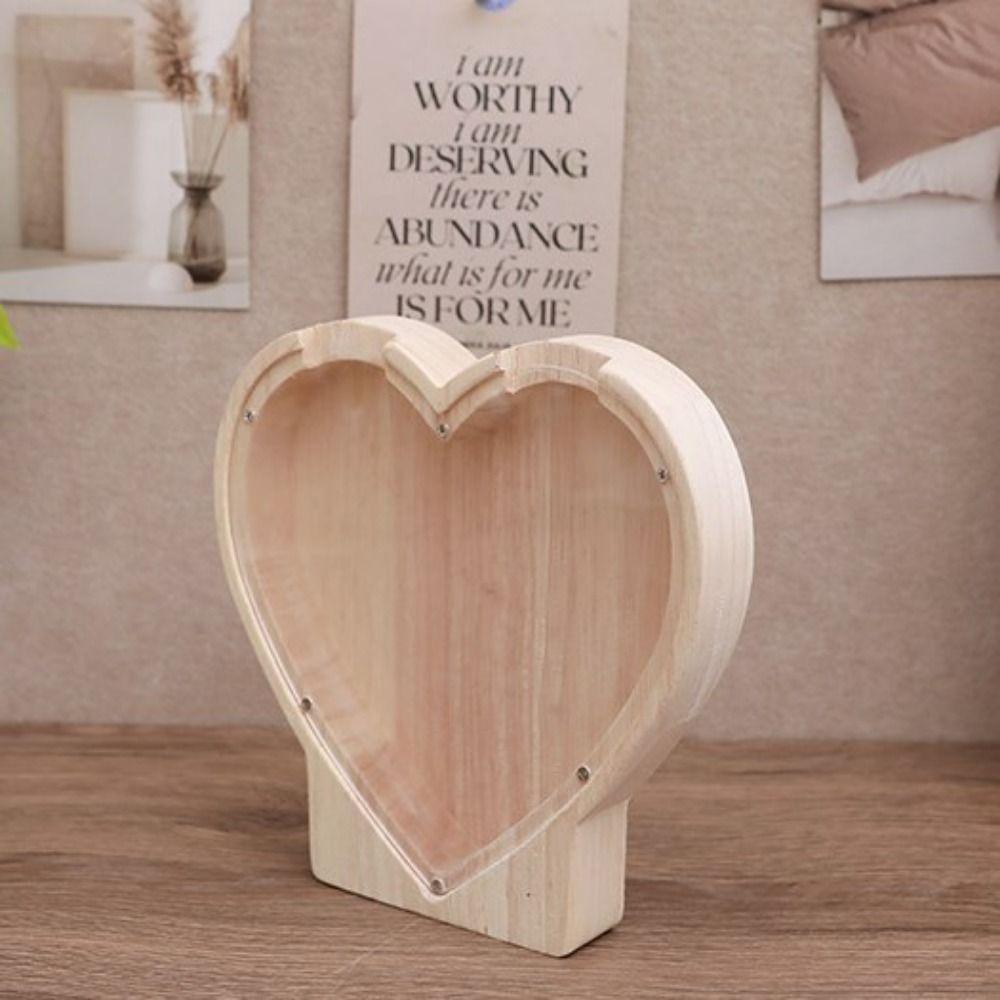 Clear Wooden Saving Box Wooden Wooden Crafts Ornament Heart-shaped Piggy Bank Education Fund
