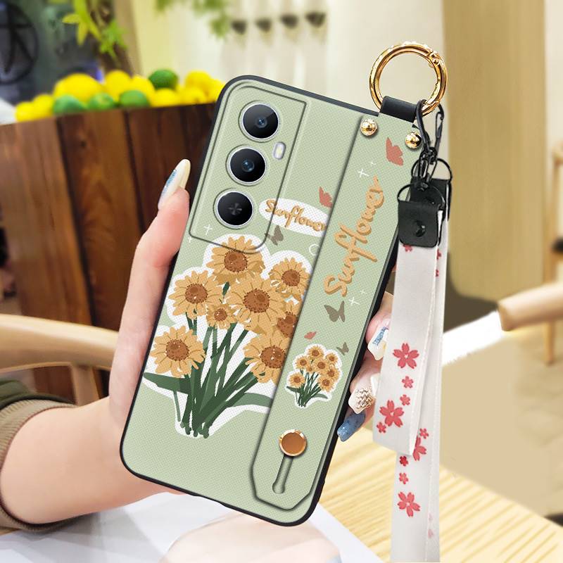 Phone Holder Durable Phone Case For Realme C65 Oil Painting Anti-dust Flower Silicone Shockproof Wristband Waterproof