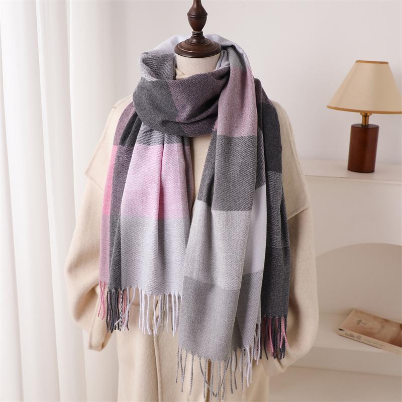 Colorful Checkered Autumn Winter Thicken Warm Scarf For Women Fashion Versatile Commuting Tassel Cashmere Scarves Pashmina
