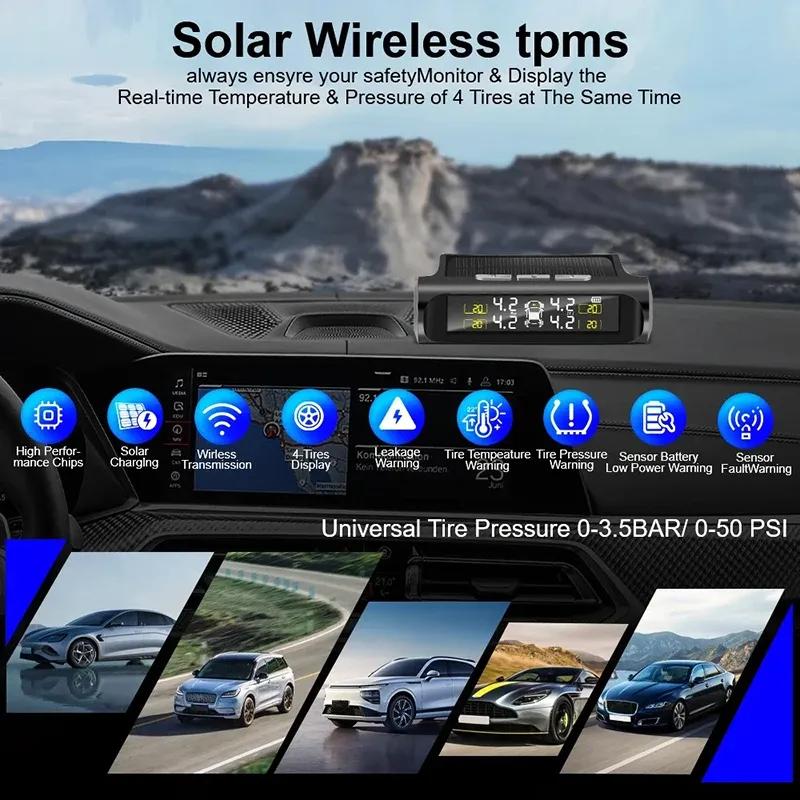 TPMS Tyre Pressure Monitoring System Solar Power LCD Display with 4 Internal/External Sensor Waterproof Temperature Warning