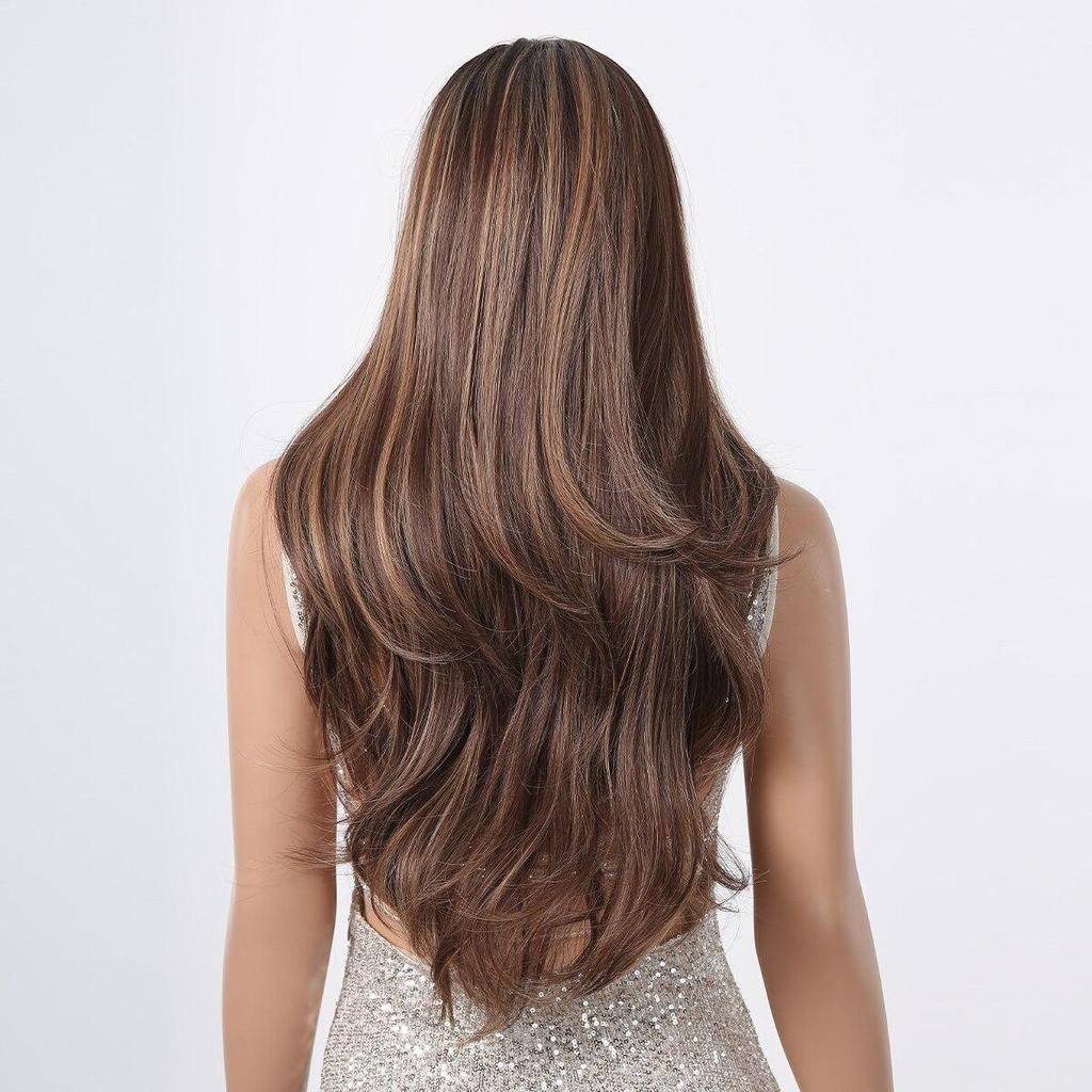 EASIHAIR Brown Synthetic Wigs with Bangs Long Straight Natural Hair Wigs for Women Daily Cosplay Wig Heat Resistant Fiber