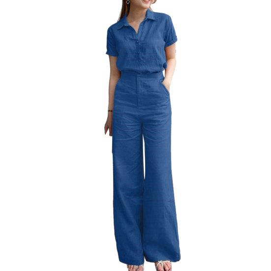 2 шт./компл., женские брюки, рубашка, костюм с лацканами, с коротким рукавом, однобортный, широкий, свободный, однотонный, с карманами, с высокой талией, женский топ, комплект брюк