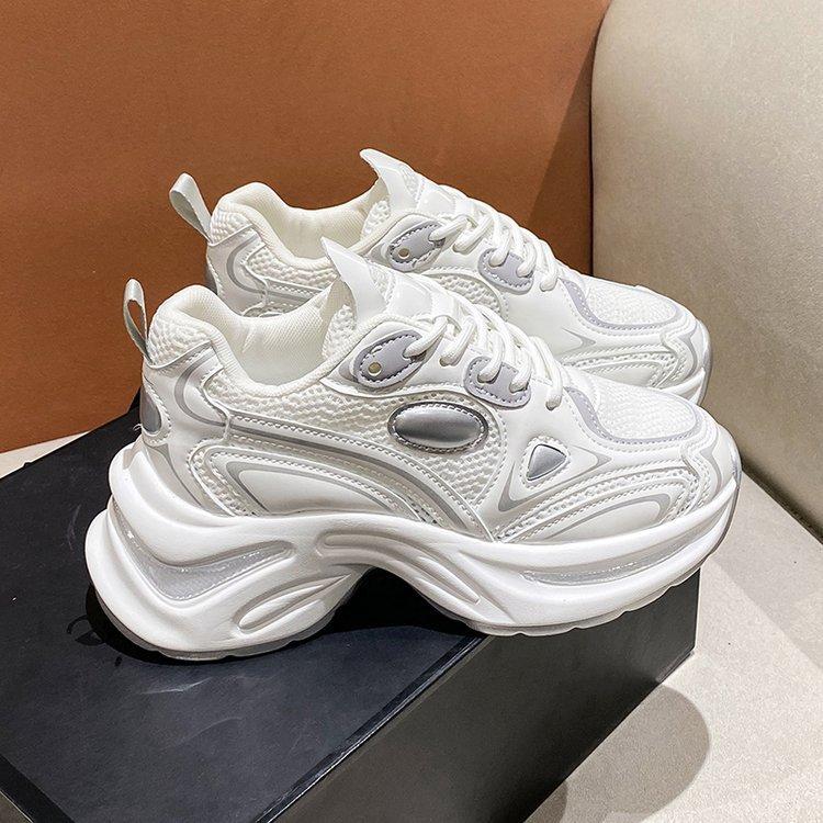 Туфли Pops на толстой подошве, женские летние сетчатые дышащие женские туфли, серебристые, увеличивающие высоту, повседневные спортивные туфли