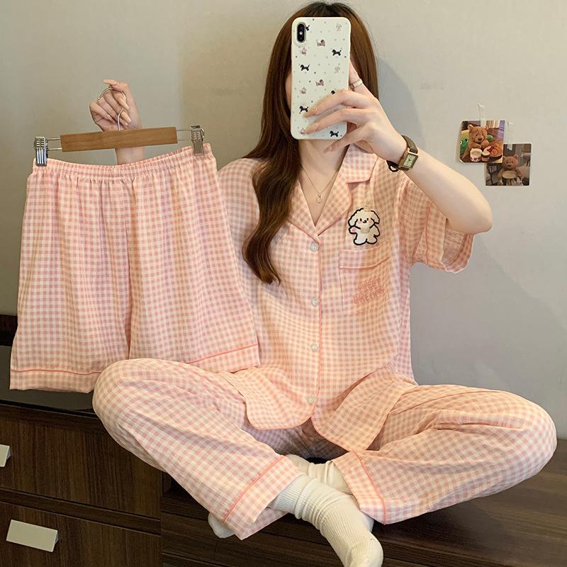 Little fresh fairy style summer new short-sleeved pajamas women's lazy sense loungewear cloud cotton three-piece set