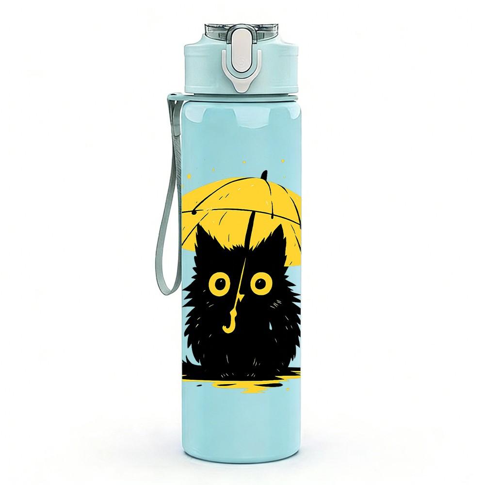 1PC Black Cat Holding Umbrella Print 750ml Color Plastic Sports Water Bottle Leakproof Flip Straw Lid Suitable for Sports Office Home Use