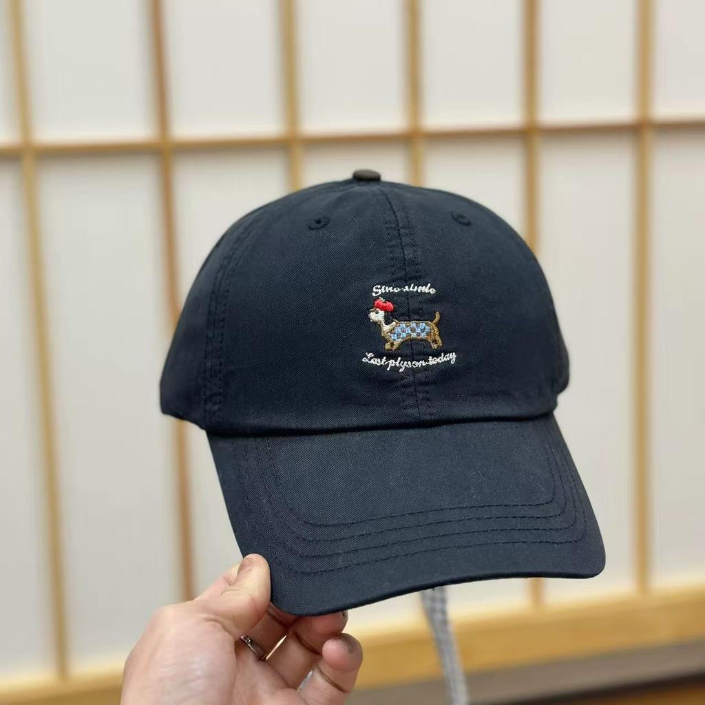 Spring/Summer Bow Checkered Straps Cartoon Puppy Embroidery Soft Top Baseball Cap Female Face Duck Tongue Big Brim