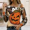Women Plus Size Asymmetric Cold Shoulder Sheer Long Sleeve Cartoon Bear Pumpkin Printed T Shirt
