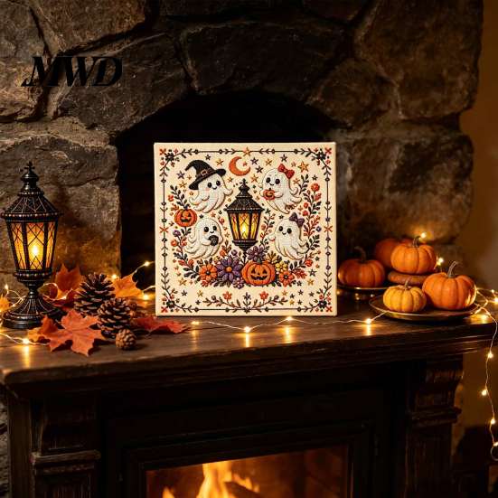 DIY Halloween Activity Set Embroidery Kit, Stitch Kit for Adults, Cute Witch Creative Hobby Projects Women Ghost Black Cat Pumpkin Pattern Wall Decor