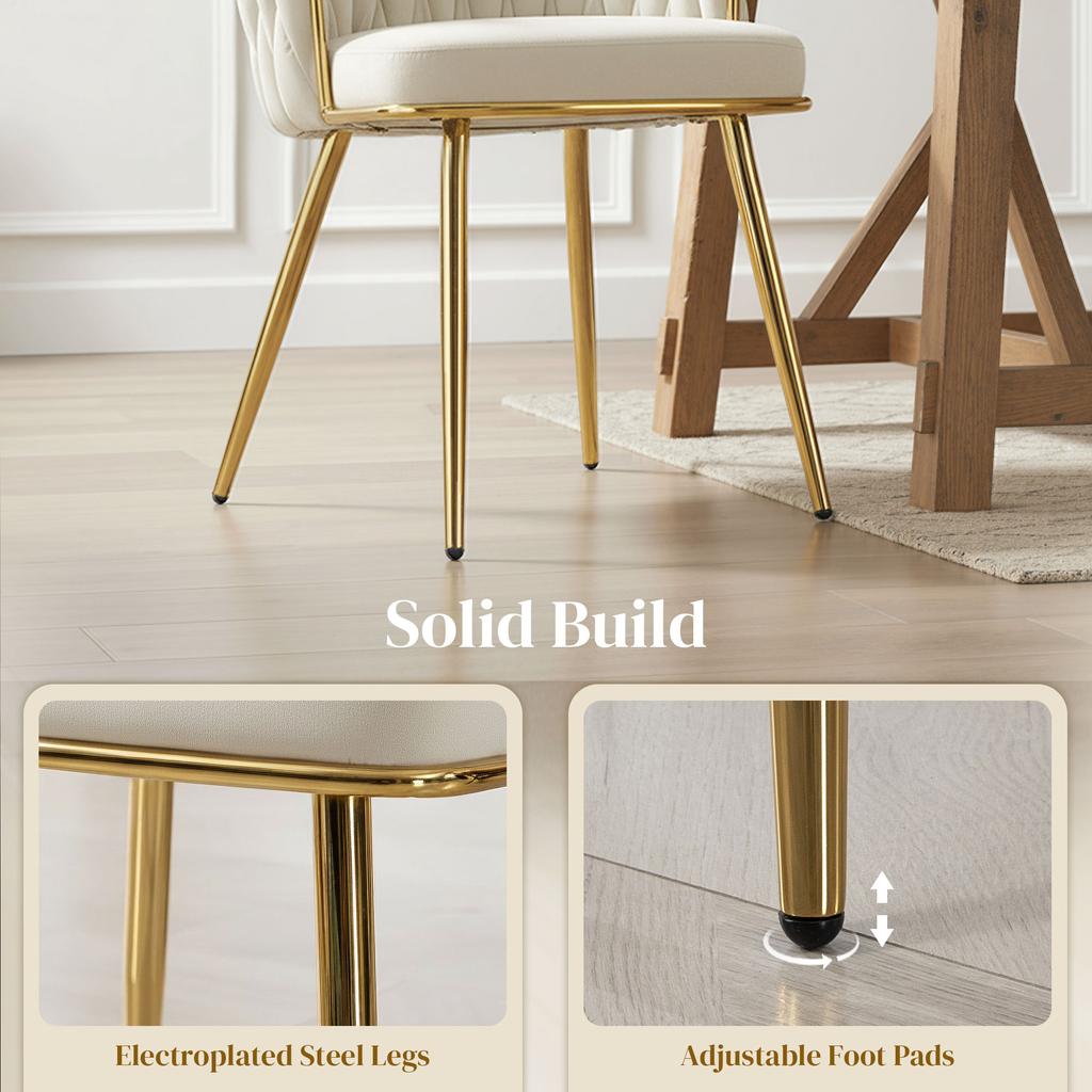 Velvet-Feel Dining Chairs Set of 2, Modern Upholstered Armchair with Knot Design and Golden Metal Legs, Accent Chair for Dining Room, Bedroom