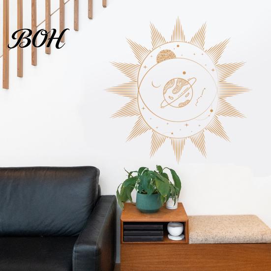 Decorative Wall Paper for Home Bohemian Sun & Moon Stickers, Retro Ethnic Waterproof PVC Decals, Artistic Easy to Apply Decals Art Decor, Peel
