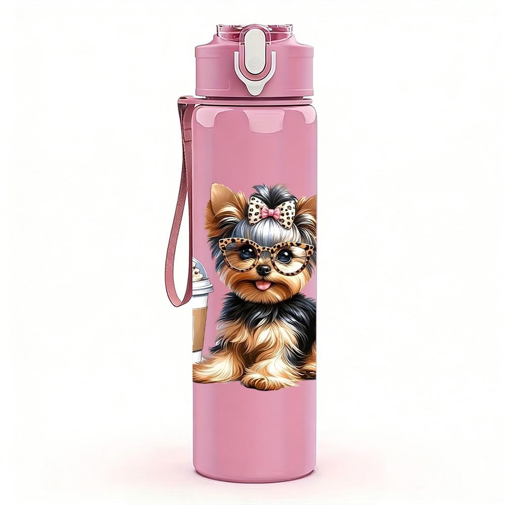 1PC Cute Coffee Puppy Dog Pattern 750ml Color Plastic Sports Water Bottle Leakproof Flip Straw Lid Suitable for Sports Office Home Use