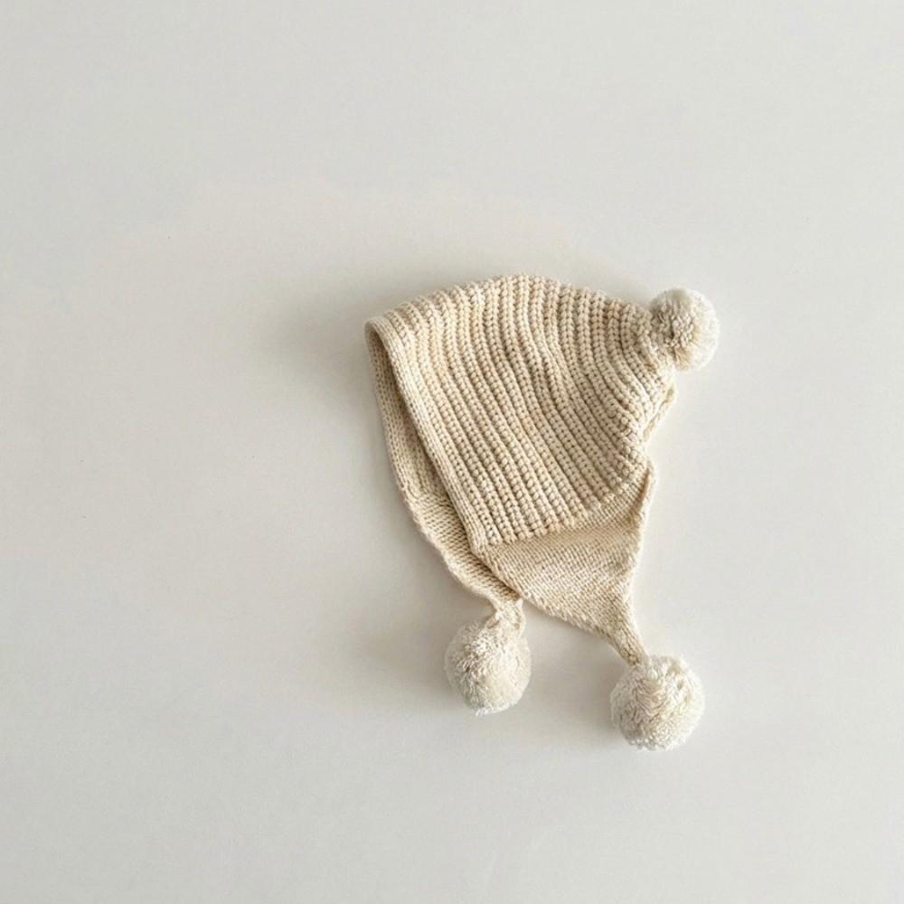 Pom Pom Top Knit Earflap Hat Solid Color Solid Color Beanie Warm Cold-Resistant Hat For Toddlers