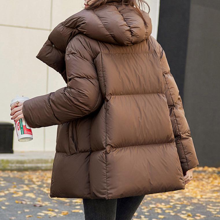 Пуховик с капюшоном женский зимний средней длины новый модный белый утиный пух большого размера