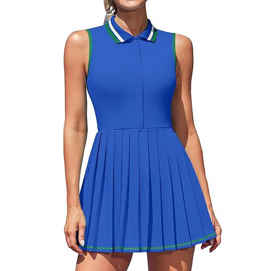 CHARMLEAKS Женские теннисные платья Ребристое платье-поло для гольфа Плиссированное тренировочное платье с половиной молний и встроенными шортами и бюстгальтером