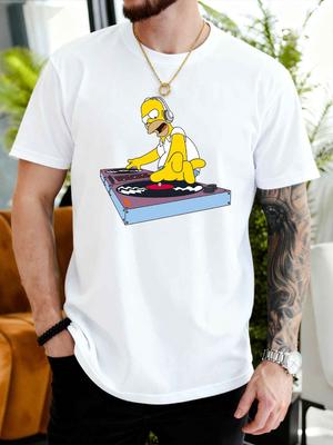 Летняя мужская футболка с коротким рукавом 2026 года с принтом The Simpsons DJ Homer, авторизованная футболка The Simpsons для мужчин