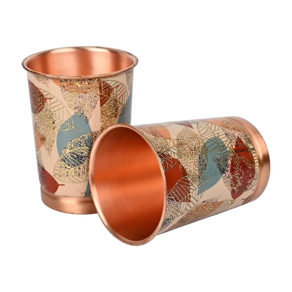 India Copper Premium Yellow Gold Leaf Design Set of Two Glass with Elegant Gift Box, 250 ML