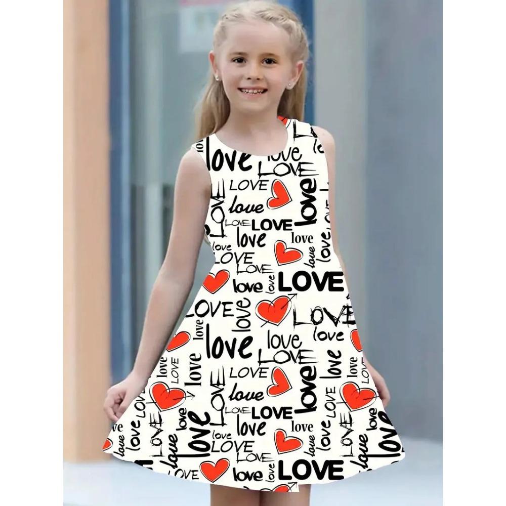 Fashion Girls Dresses Summer New Round Neck Vest Style 3D Printing Princess Skirt