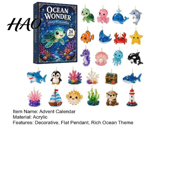Decorative Hanging Charms Ocean Advent Calendars 2026, Marine Themed 24 Days Christmas Countdown Calendar, Sea Creature Ornaments 2D Acrylic
