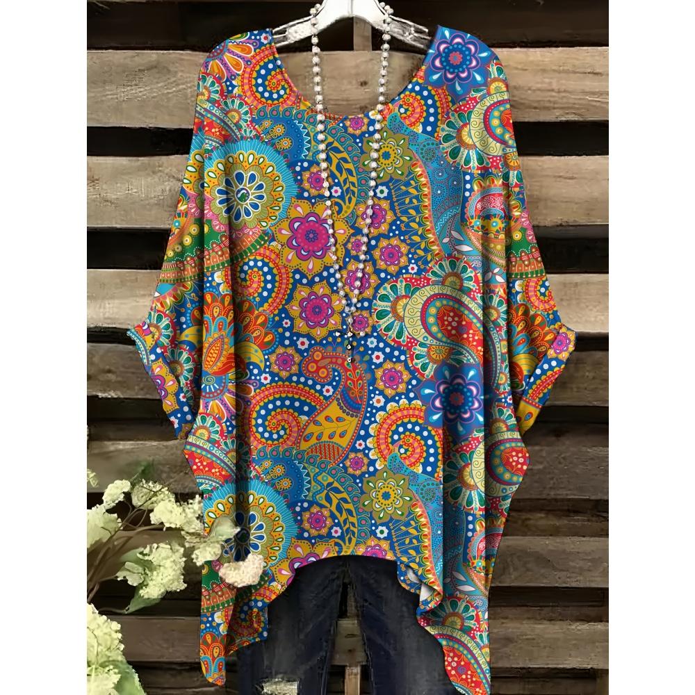 Летняя женская футболка в этническом стиле с принтом, удлиненная спереди, с круглым вырезом, повседневная, удобная, футболка в стиле Y2k, винтажная женская футболка с коротким рукавом