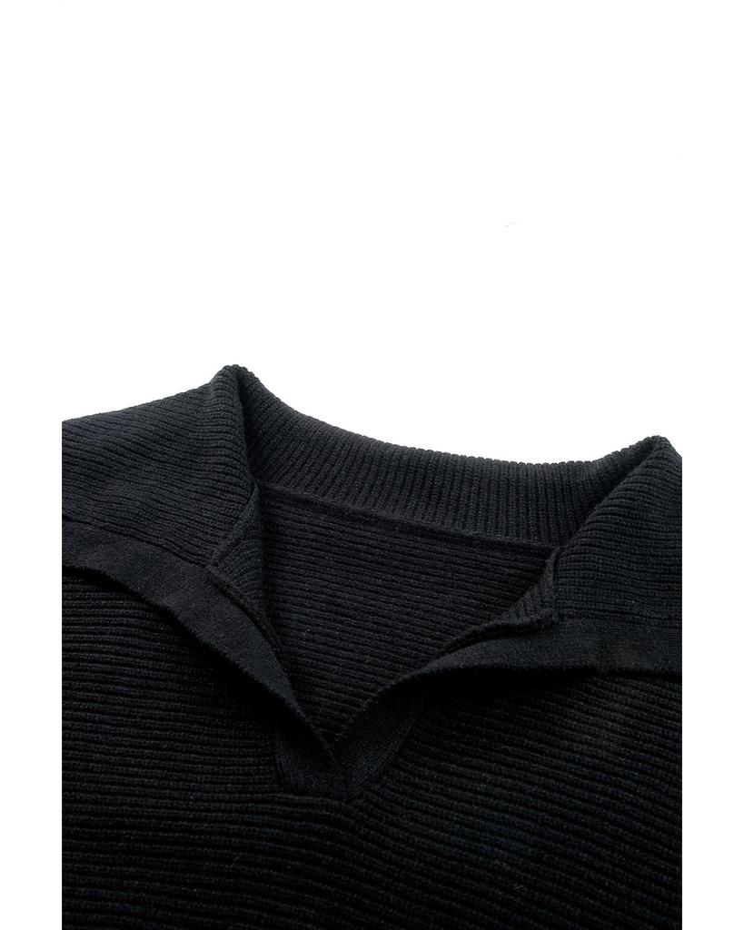 Azura Exchange Black Ribbed Knit Lapel Neck Curvy Sweater